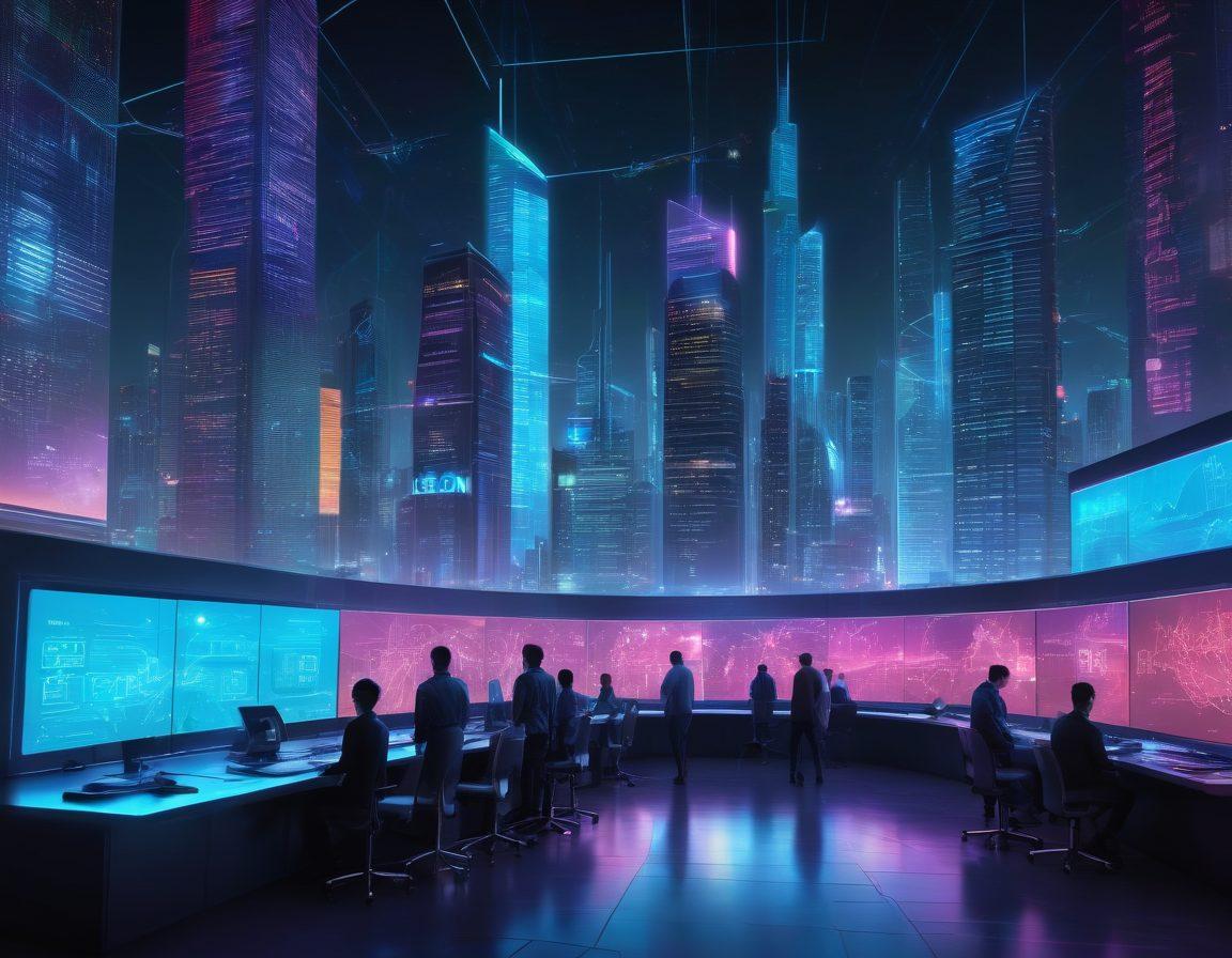 A futuristic city skyline with digital assets and blockchain symbols integrated into the architecture, showcasing neon lights and screens displaying financial data. In the foreground, diverse groups of people engaging in virtual trading, representing collaboration and innovation. The sky is filled with holographic imagery of cryptocurrencies and graphs indicating market trends. super-realistic. vibrant colors. cyberpunk.