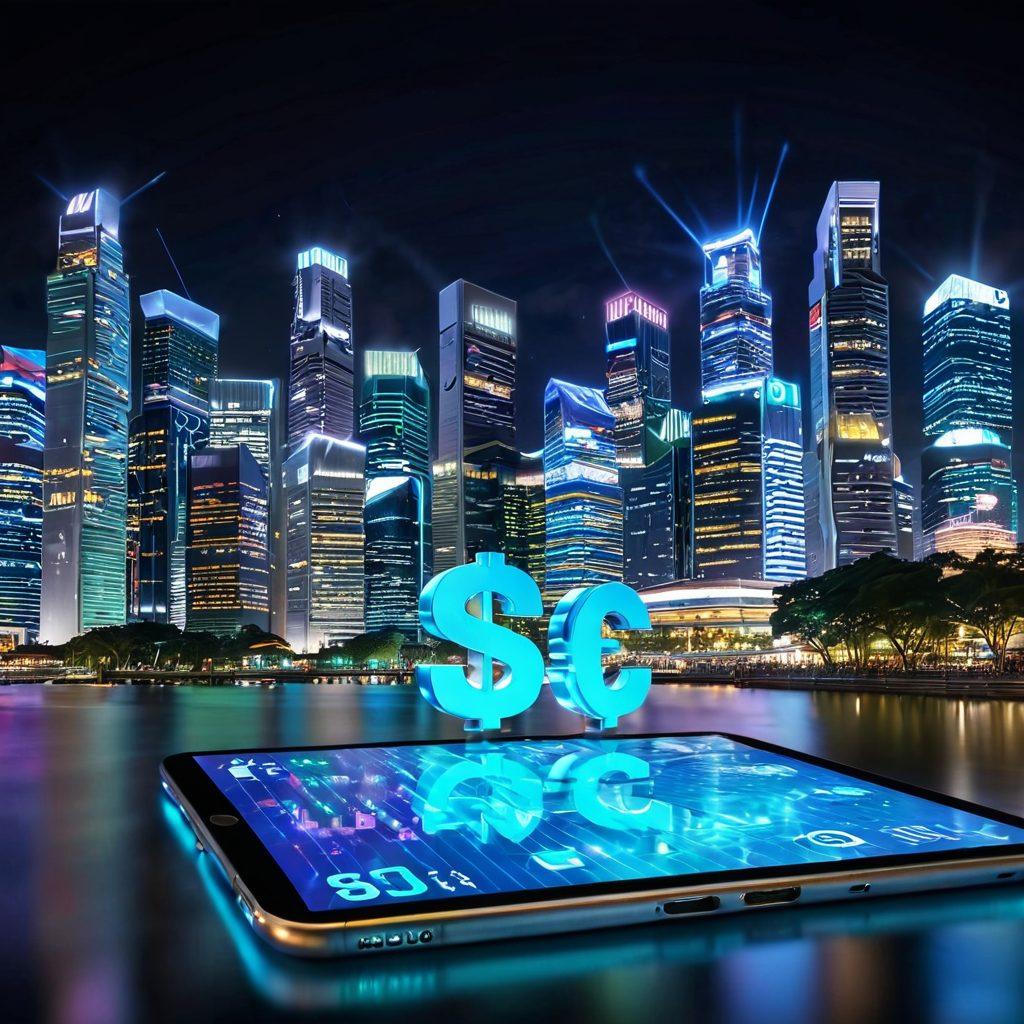 A futuristic scene of a bustling Singapore skyline with digital currency symbols floating in the air. In the foreground, a diverse group of investors analyzing charts on digital devices, showcasing a blend of traditional finance and crypto elements. The vibrant city lights reflect innovation and technology, while a glowing crypto coin displays the words 'Smart Investment'. super-realistic. vibrant colors. 3D.