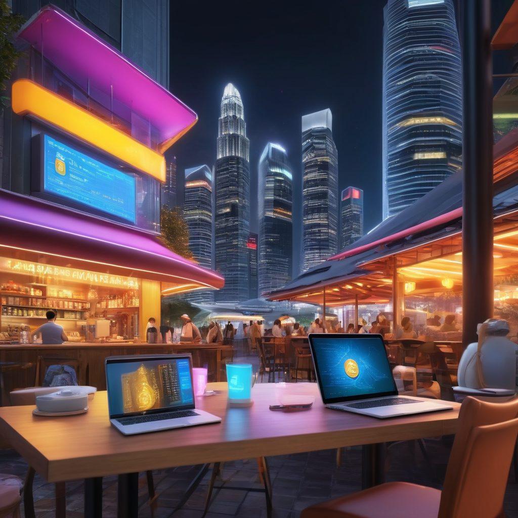 A dynamic cityscape of Singapore featuring futuristic buildings and vibrant street markets intertwined with digital currency symbols like Bitcoin and Ethereum. Include a diverse group of young professionals collaborating with laptops in a coffee shop setting, showcasing innovation and technology. Incorporate elements of blockchain visualizations in the background. super-realistic. vibrant colors. 3D.